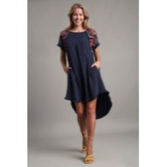 NWT Umgee Linen Short Sleeve Embroidery Dress in Navy Size Small - Picture 1 of 14
